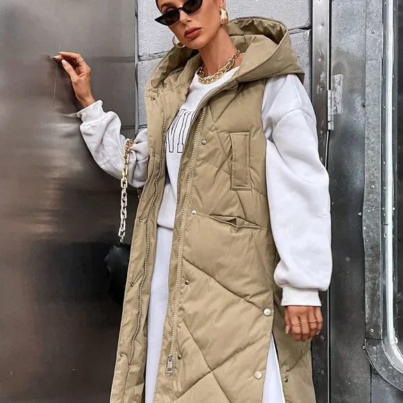 Khaki Casual Womens Pocket Zip Up Hooded Puffer Vest Coat - Picture 5 of 5